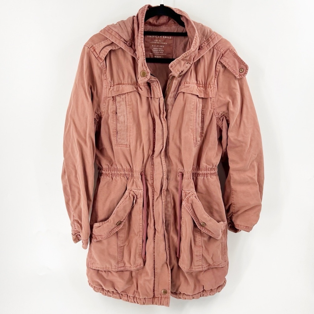 ✅American Eagle Zip Front Utility‎ Jacket Hood Pockets Coat Blush SALMON MEDIUM